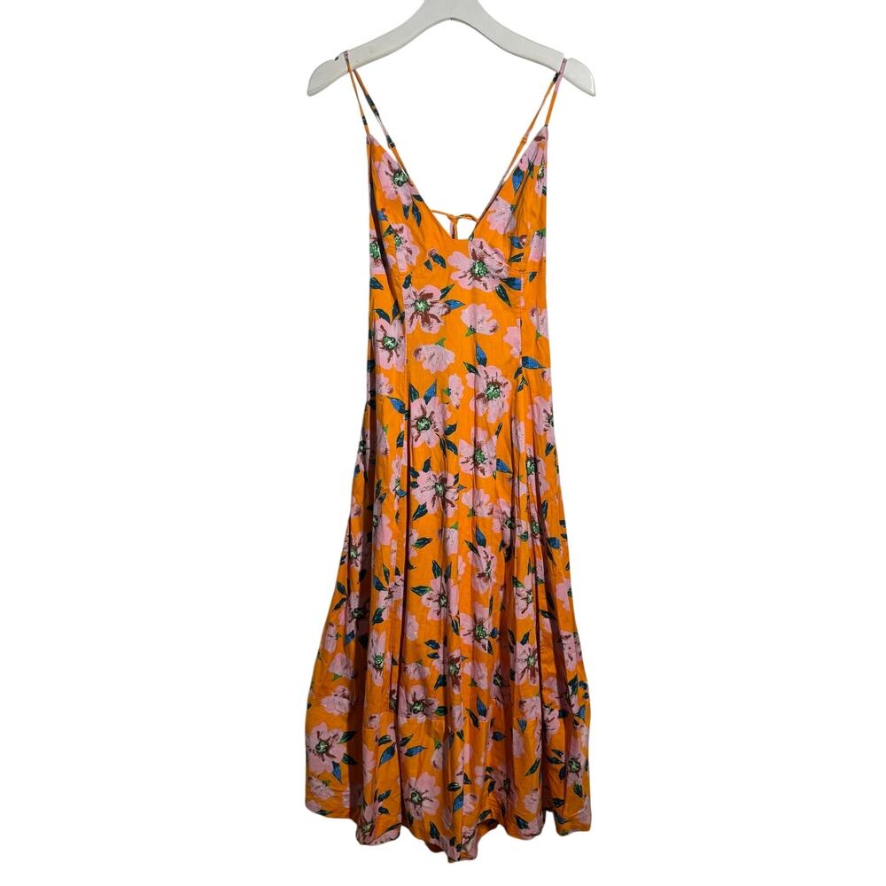 Free People Finer Things Printed Midi Maxi Dress L Orange Floral Pocket Boho